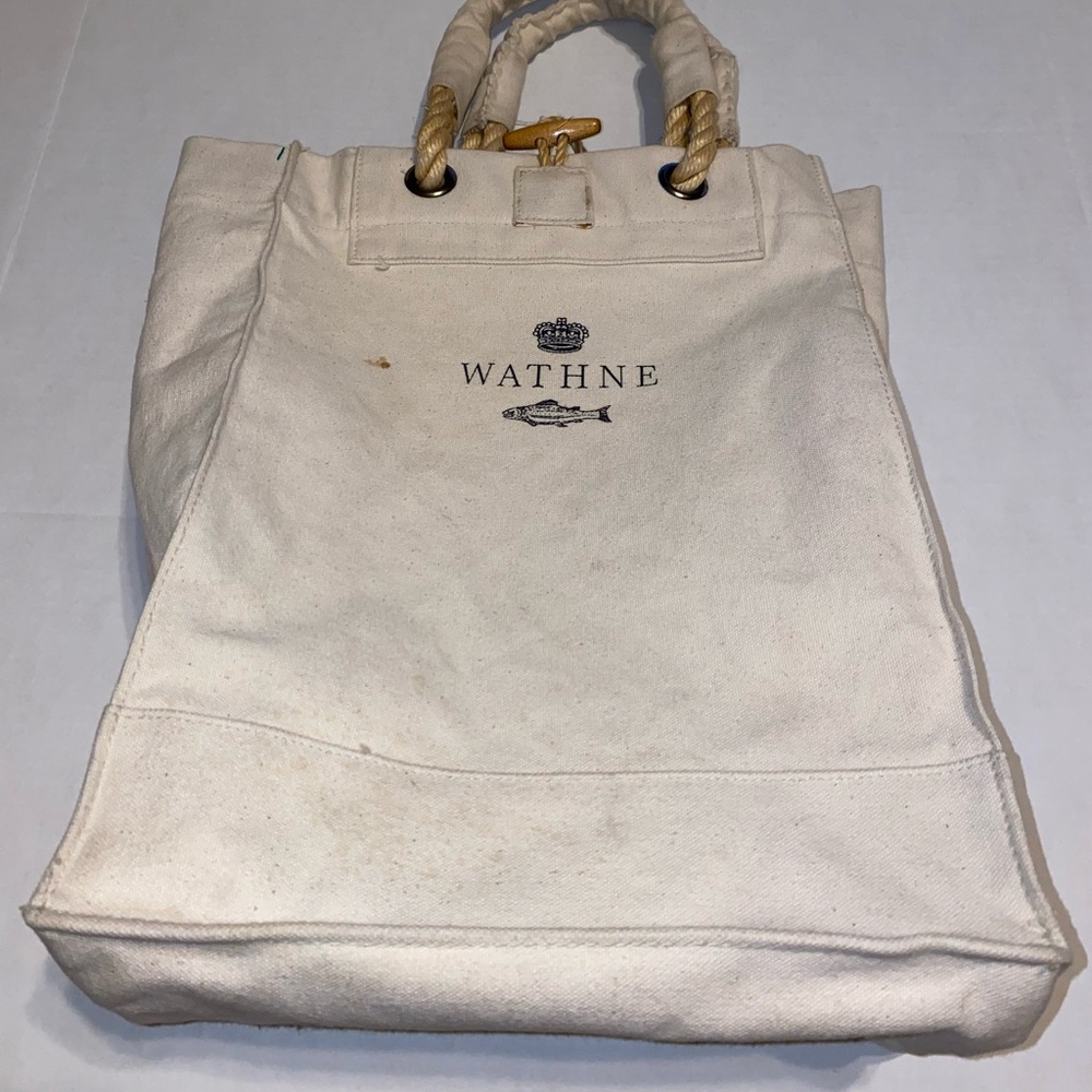 Wathne Heavy Duty Canvas Tote Logo Braided Handle Neutral Summer Classic VTG